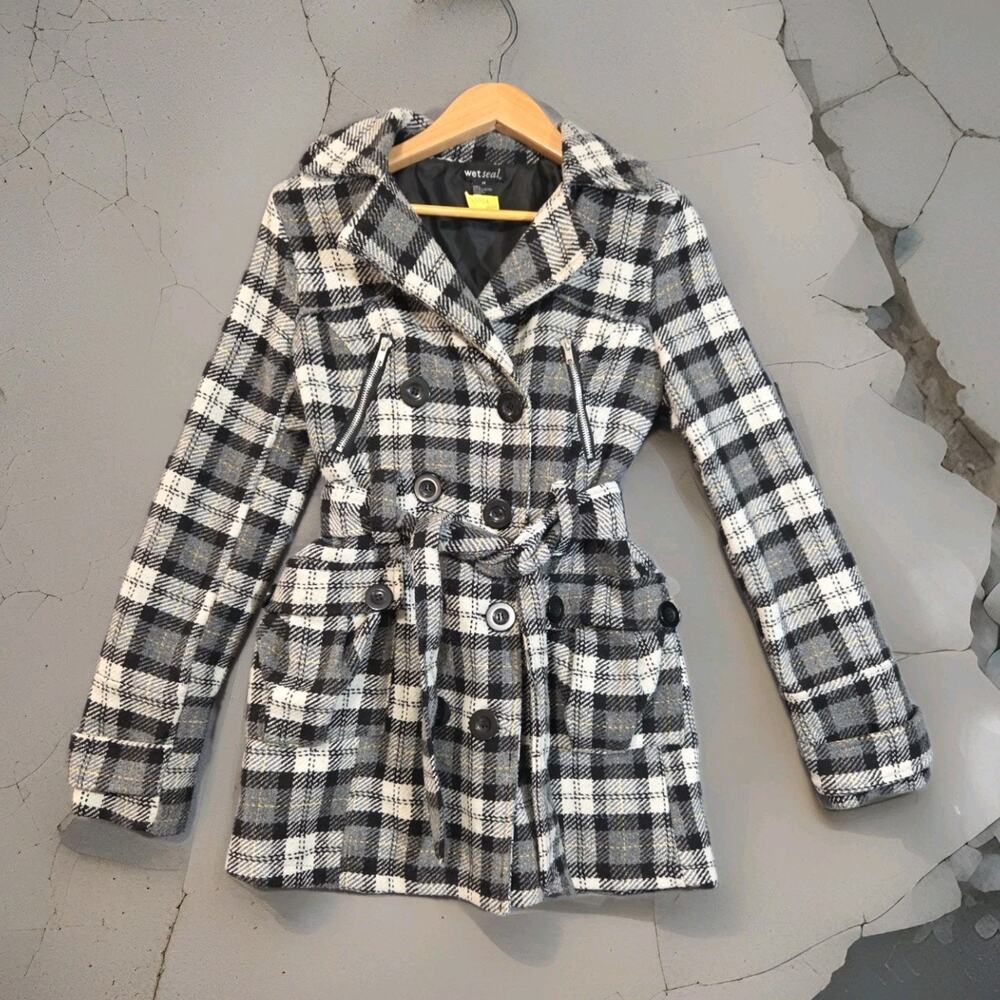 Wet Seal Women Coat M Gray Plaid VTG Y2K Belted Peacoat Trench Jacket Wool Blend